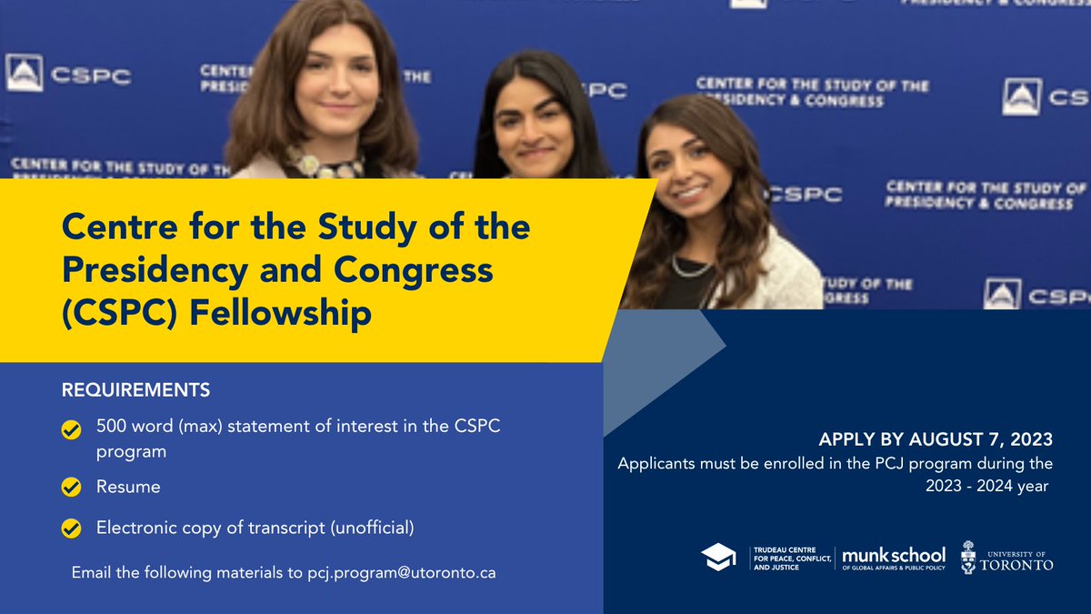 TrudeauPCJ's tweet photo. Each year, the Trudeau Centre nominates two PCJ students to participate in the International Fellows Program at the Center for the Study of the Presidency and Congress (CSPC) in Washington, D.C.

🗓 Applications are due Monday, August 7, 2023. https://t.co/IVz2WBhkO8