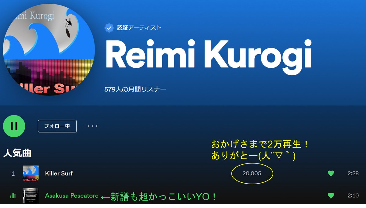 shiru_guitar's tweet photo. 黒木さん@reimeee作曲の「Killer Surf」おかげさまで2万再生㊗
（おめでとー！ありがとー！）
https://t.co/xeY2ZZPy5K
新譜「Asakusa Pescatore」も超かっこいいので是非聴いてください♪
https://t.co/wZ4NGJA0kD
#jazz #rock
#reimikurogi #汁ギター https://t.co/8xG3ej83s0