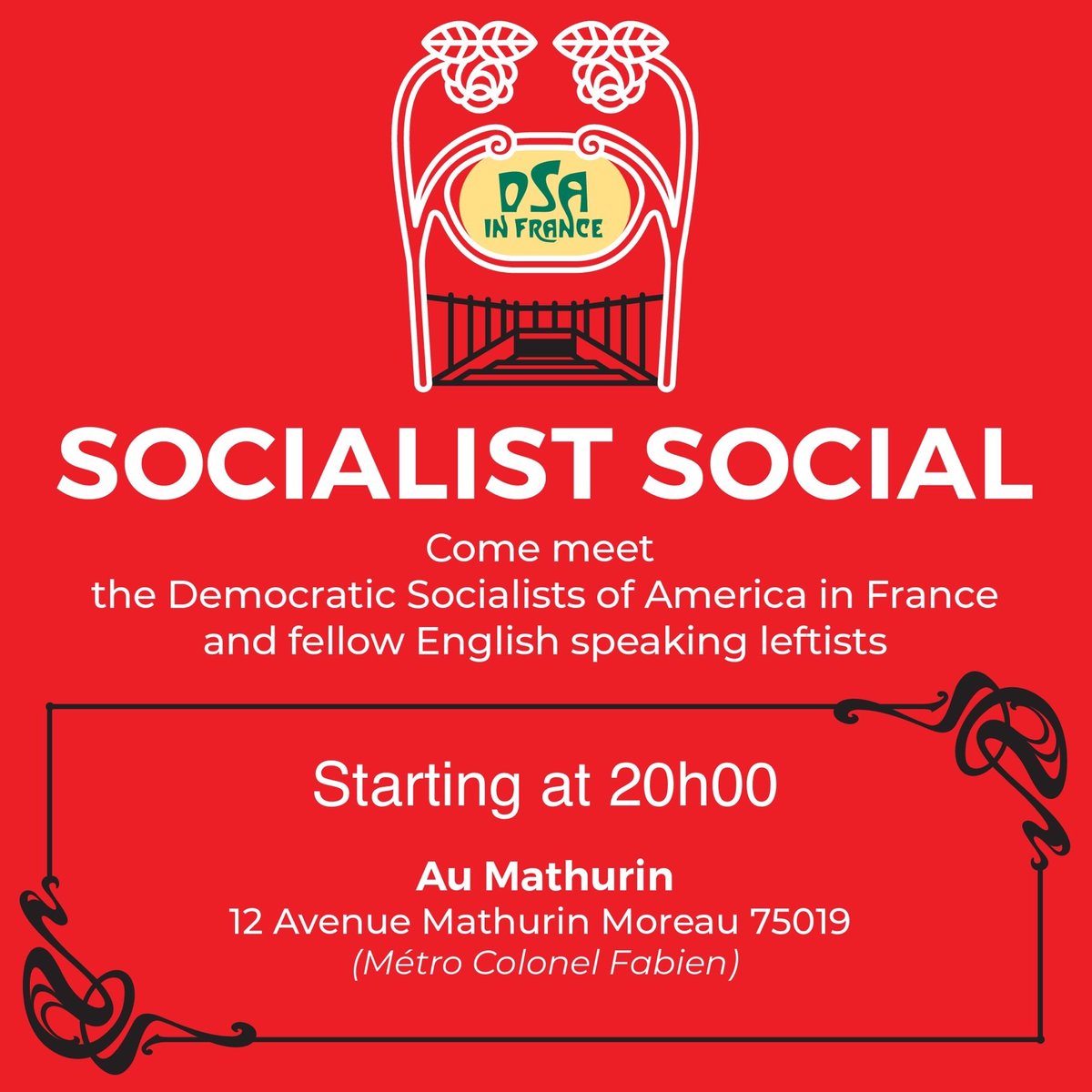 DemSocialistsFR's tweet photo. Are you a socialist in #Paris? Come join us, the
@DemSocialists in France Thursday (13/07) for a convivial pre-Fête eve of drinks, pizza, good takes, and halfway decent political discussions. All are welcome. Come on out to Au Mathurin and look for loud Americans. https://t.co/h0IPmhVZU7