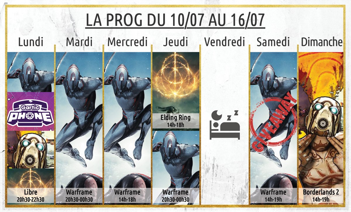 Voilà la prog de cette semaine ! 

Nouveau stream le lundi soir et aussi #giveaway warframe PC afin fêter les 300 follow !!!!❤️Trop hâte de vous retrouver en stream 😉

On se voir sur #twitch
twitch.tv/likhann_ 

#twitchtv #twitchstreamer #live #streamer #warframe