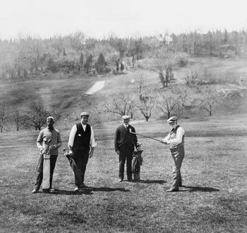 Dunfermline man John Reid shows his American friends how to play golf on a cow field in Feb 1888. This was the first recorded match and led to the formation of the first golf club in USA at Yonkers NY. Reid is still regarded as the father of American Golf.