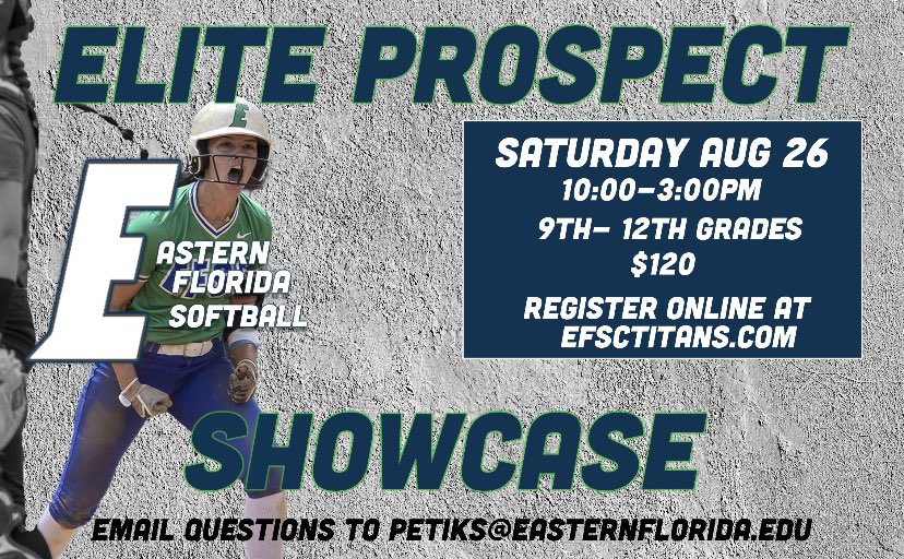 Elite Prospect Camp link is now LIVE! Join us August 26th 🥎  Register to lock in your spot today! ➡️easternflorida.nbsstore.net/titan-softball…