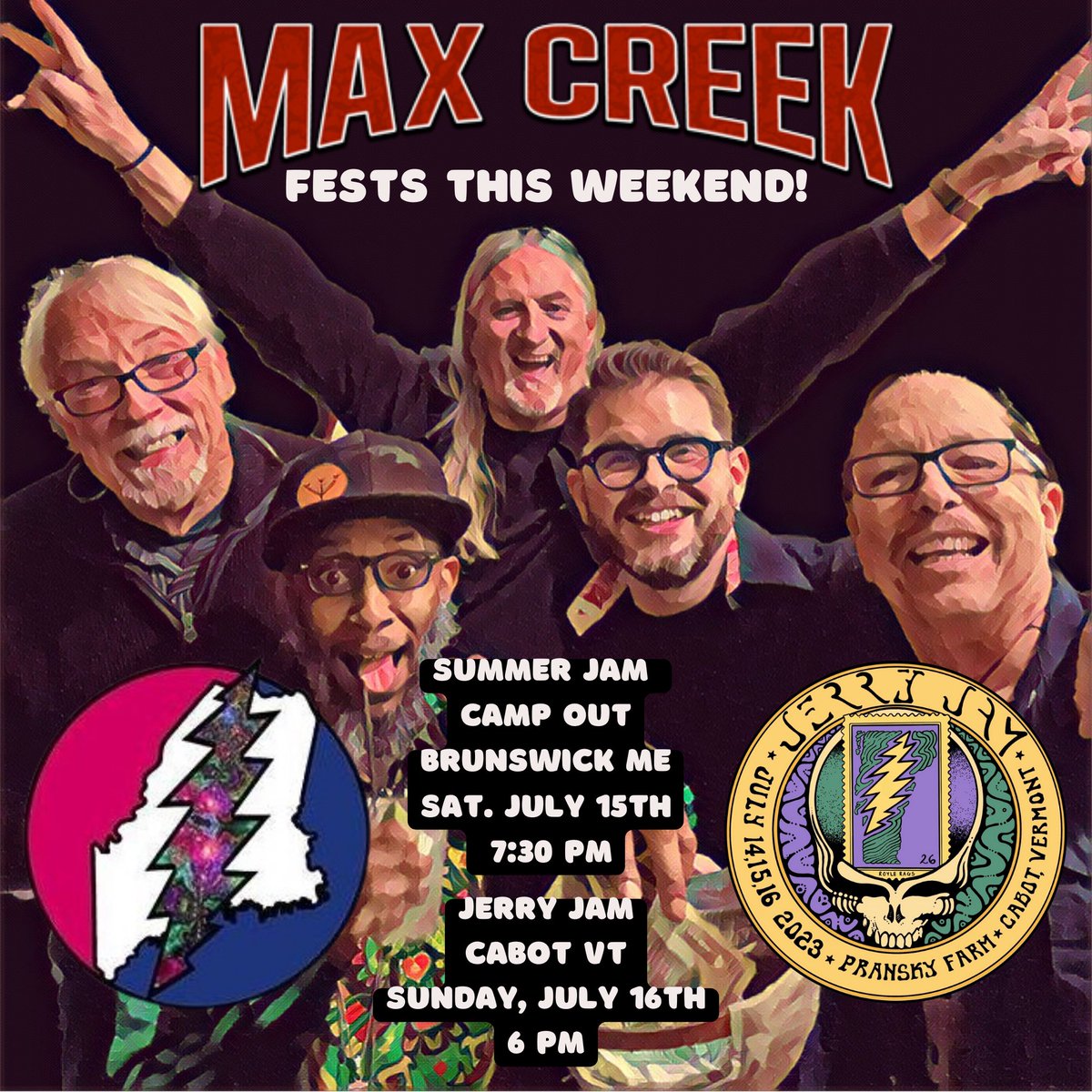 Festival szn revs back up this weekend! Catch us at <a href="/SummerJam207/">SummerJamCampOut2020</a> and #JerryJam- details below:

Saturday 7/15: #ThompsonPointCampground, 7:30

Sunday 7/16: Pransky Farm, 6

Which ones will we see you at? Both? Either way, stay dry today y’all ☔️