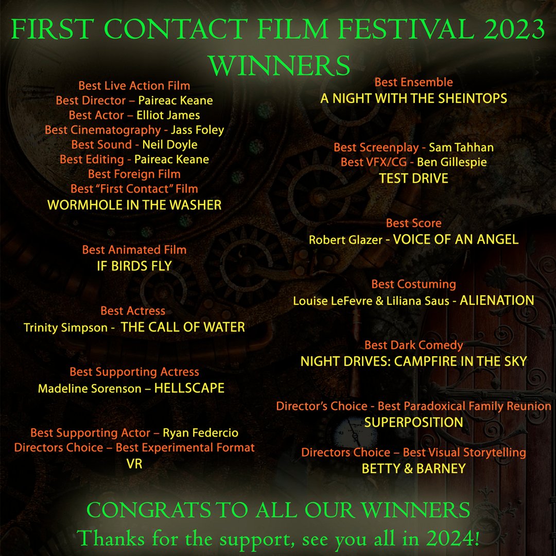 Last night was a good one for #wormholeinthewasher at the First Contact Film Festival Awards🏆 🏆 🏆 

Thanks a million to the First Contact Film Festival organisers and judges! 🙏

#firstcontactfilmfestival #sciencefiction #newjersey #filmfestivalawards