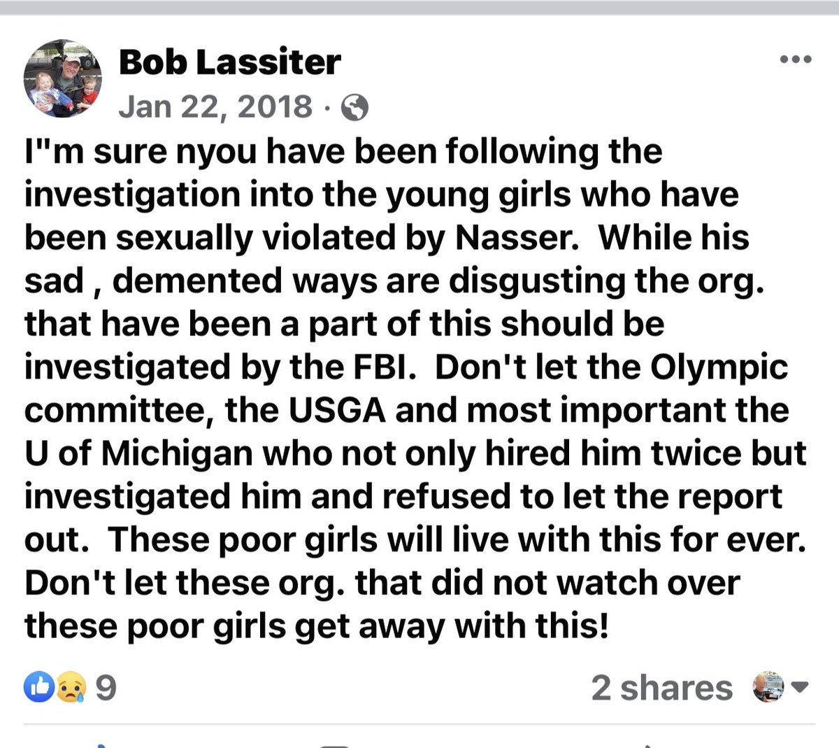 jay_lass's tweet image. My fathers last post (before he died) 🤝today’s headlines #LarryNassar #gymnastics