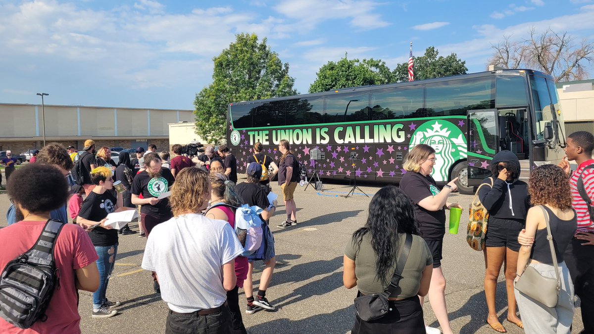 seiumn's tweet photo. About to kick off this @SBWorkersUnited bus tour at the @MNAFLCIO! Happy to be joined by @BettyMcCollum04. We're calling on @StarbucksNews to bargain in good faith! #TheUnionisCalling @SEIU @MNSbuxUnited https://t.co/EffbbGLYnb