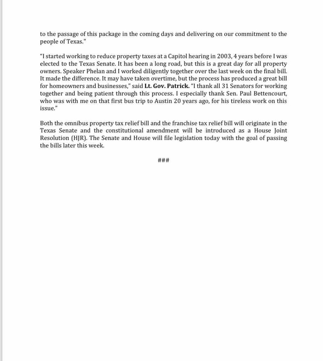 My Joint Statement with Speaker Dade Phelan Announcing a Breakthrough Deal on Property Tax Legislation: ow.ly/3tfq50P7AGM #txlege