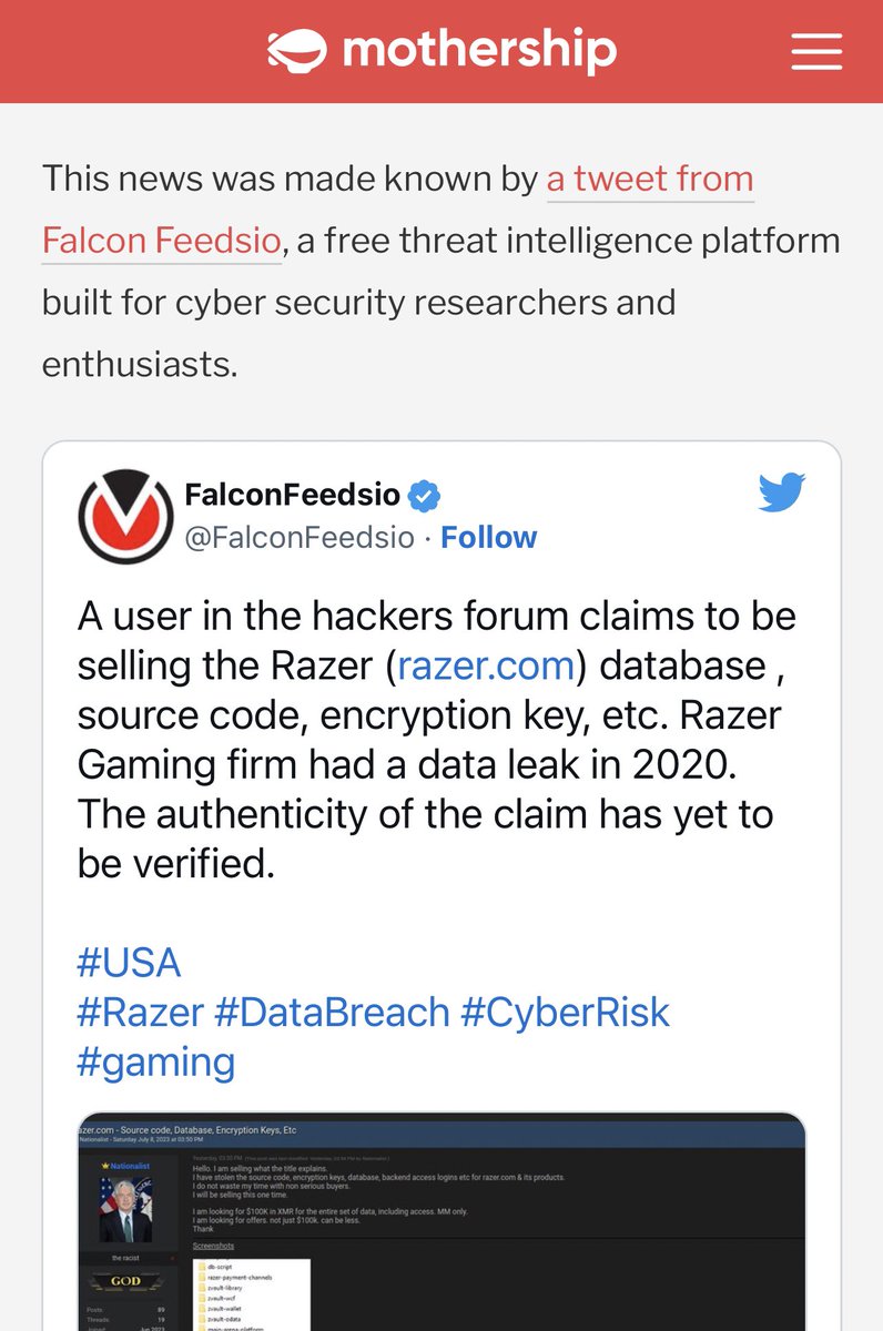 FalconFeedsio's tweet photo. Hacker claims to offer stolen Razer data for S$134,800 in cryptocurrency, Razer investigating potential breach

https://t.co/uSYeLhWd1S https://t.co/lzeClauUvV