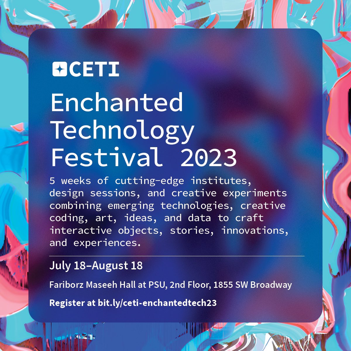 ☀️CETI Enchanted Technology Festival 2023 ☀️
Our annual summer series of institutes in emerging technology is back July 18–August 18! Workshops, speakers, panels, design sprints, critical dialogue, and experimentation for all levels of experience.