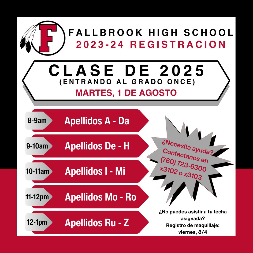 FUHSDofficial's tweet photo. Registration Dates and Information for the Class of 2026!
๐ฉ https://t.co/MlqWkuyvbL
#FallbrookWarriors #FUHS #FHS #FallbrookHigh #Fallbrook #Warriors #FallbrookSchools #HighSchools #SouthernCalifornia #California #Schools https://t.co/T7iqY9nrjQ