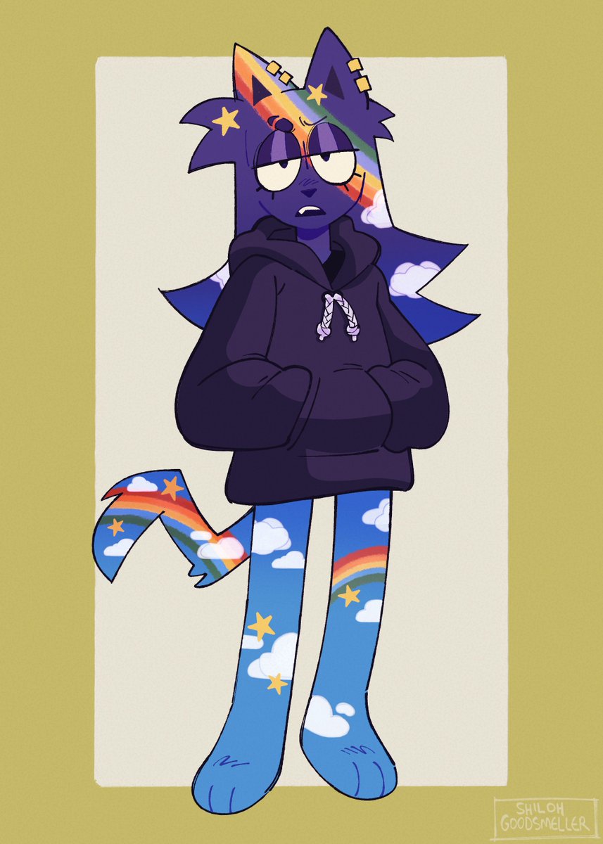 goodsmeller's tweet image. i drew @Zold_en&apos;s fursona for my first artfight this year!! idc abt friendly fire cause this design was just too cool and cute not to draw 🌈🌟☁️
