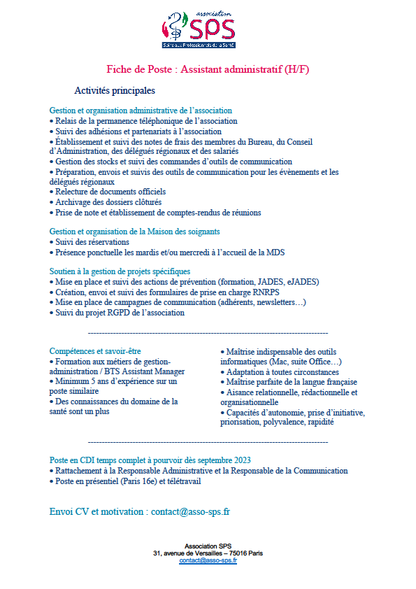 SPS_institut's tweet photo. SPS recrute un ou une assistant(e) administratif à temps complet en CDI pour le mois de septembre !
Candidatez sans tarder, envoyez-nous votre CV et lettre de motivation à contact@asso-sps.fr
#recrute #offreemploi #assosps #assistantadministratif #santémentale #préventionsanté https://t.co/BPqMz3GdTW
