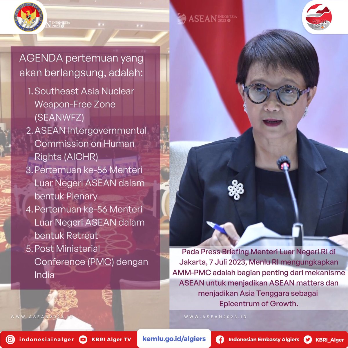 indonesiaalger's tweet photo. Para Menlu #ASEAN akan kembali bertemu dalam rangkaian kegiatan AMM-PMC (56th ASEAN Foreign Ministers' Meeting dan Post Ministerial meeting Conference) pada 11-14 Juli 2023 di Jakarta. #inidiplomasi #ASEAN2023 https://t.co/Tk3miwKuAp