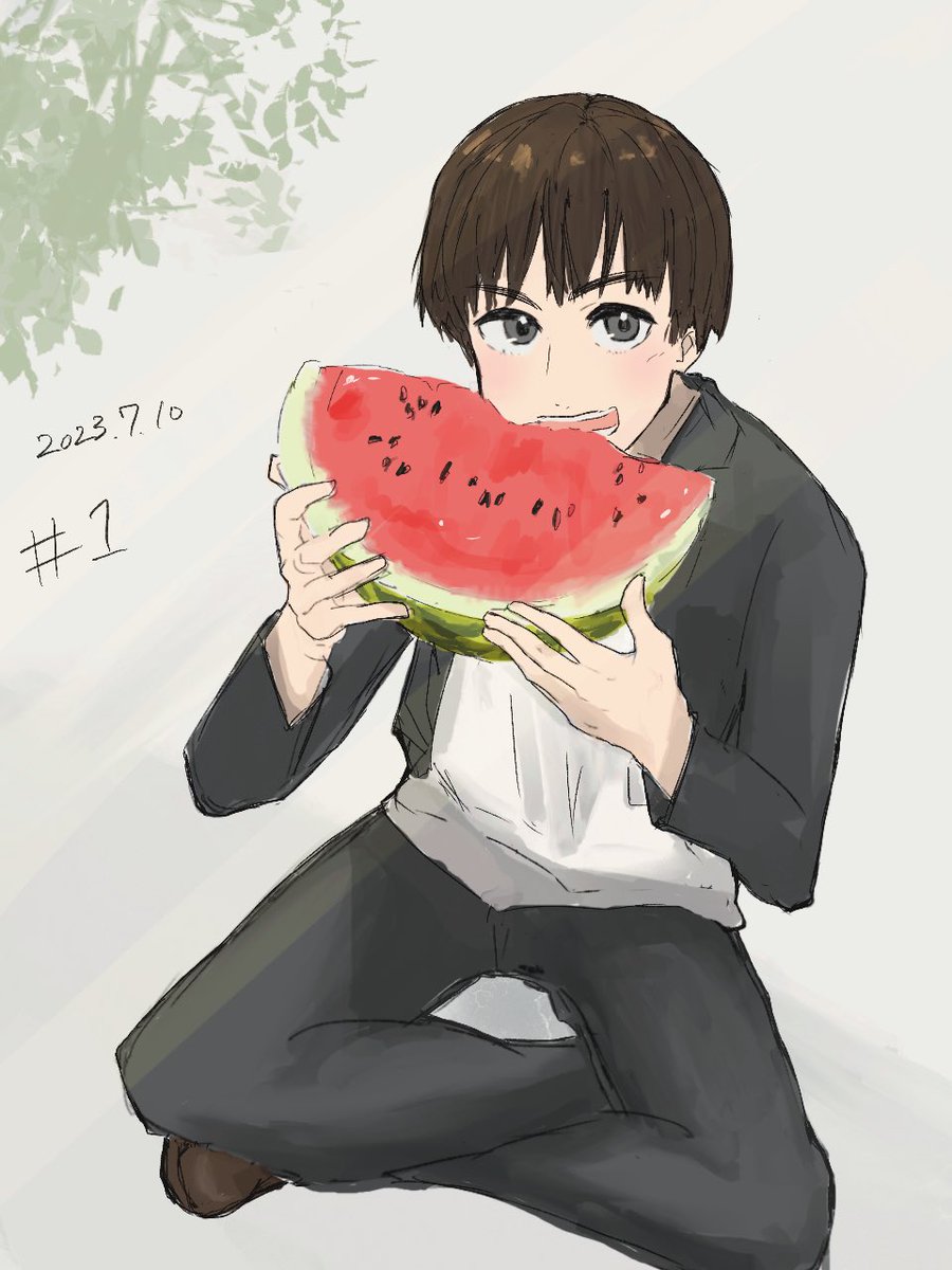 food fruit watermelon solo 1boy male focus sitting  illustration images