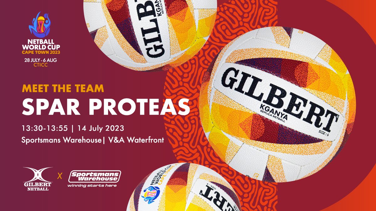 It’s less than 20 days to go to the #NWC2023 and time to unite behind our #SPARProteas🇿🇦🙌

Head over to Sportsmans Warehouse at the V&amp;A Waterfront this Friday to meet your SA netball heroes🏐<a href="/GilbertNetball/">Gilbert Netball</a>