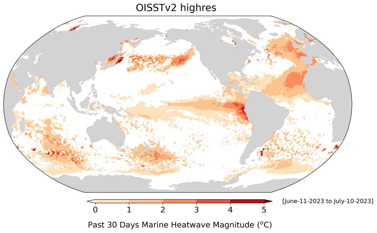 DillonAmaya's tweet photo. Marine heatwave magnitudes over the last 30 days (including long-term warming). More visualizations and forecasts available at: 

https://t.co/3GN5rxeZFH https://t.co/HSh4xAZkF0