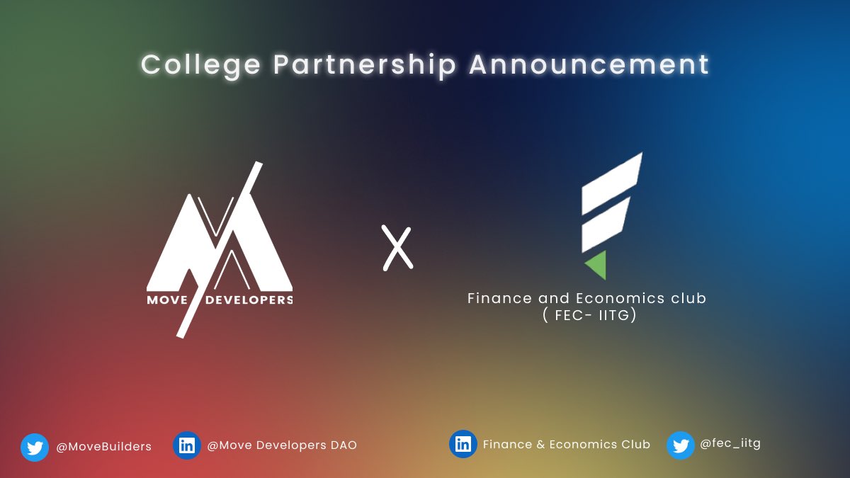 MoveBuilders's tweet photo. So pumped to team up with the Finance and Economics club at IITG for our #MoveIndia student program! 

Can't wait to collaborate with @fec_iitg and guide our fellow students at @IITGuwahati on their #Web3 and #MoveLang adventure on @Aptos_Network 

Events &amp; Workshops 🔜 https://t.co/XFoW7c17Hb