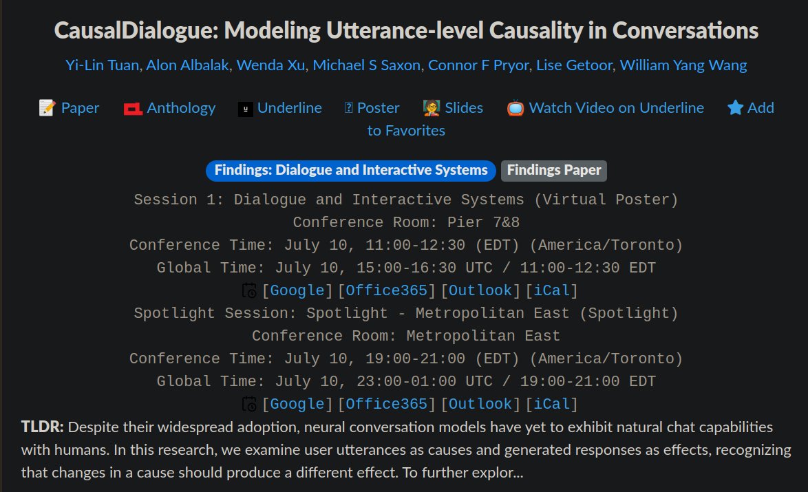 I will be presenting our paper "CausalDialogue" at Toronto #acl2023! Welcome to have a chat!
Virtual Poster: July10 11-12:30 on GatherTown (Lobby ➡️Poster Session 1 ➡️Group 1 ➡️ ID2466)
Spotlight: July10 7-9pm
Workshop Poster: July14 10:50-12pm
Video: shorturl.at/fqAQX