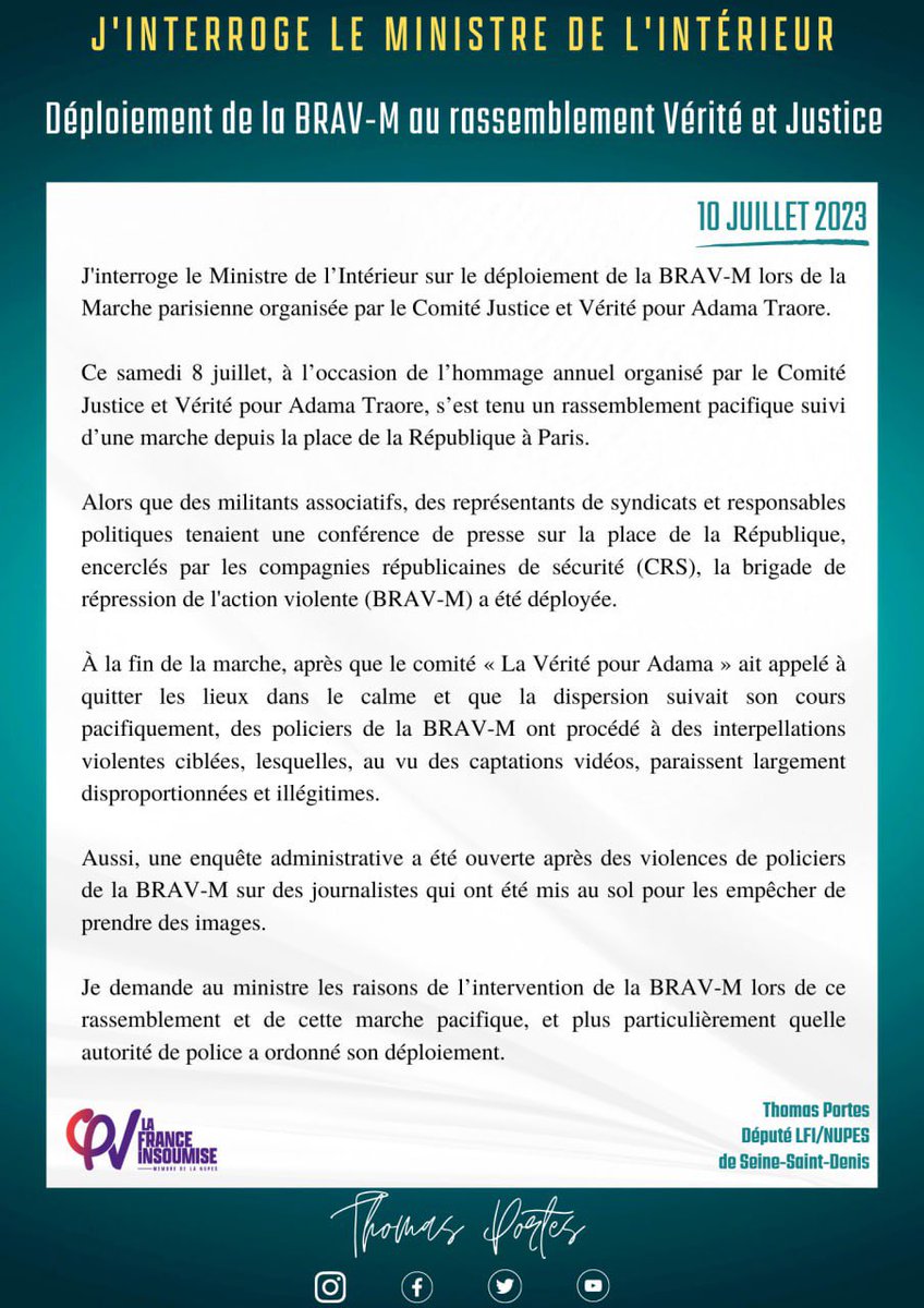 Après les violences policières commises par la BRAVM contre des manifestants et des journalistes à la fin de la manifestation à l’appel du comité justice et vérité pour Adama, nous devons savoir qui a donné les ordres d’interventions et d’interpellations de cette unité violente.
