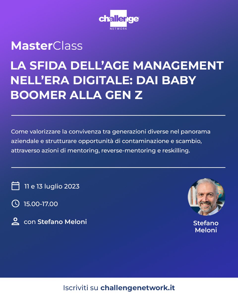 #Inclusione è incoraggiare la collaborazione tra generazioni diverse in azienda. In questa MasterClass su #AgeManagement e #diversity avrai gli strumenti per l'integrazione consapevole delle diverse età stimolando coinvolgimento, motivazione e performance➡️challengenetwork.it/corso/mastercl…