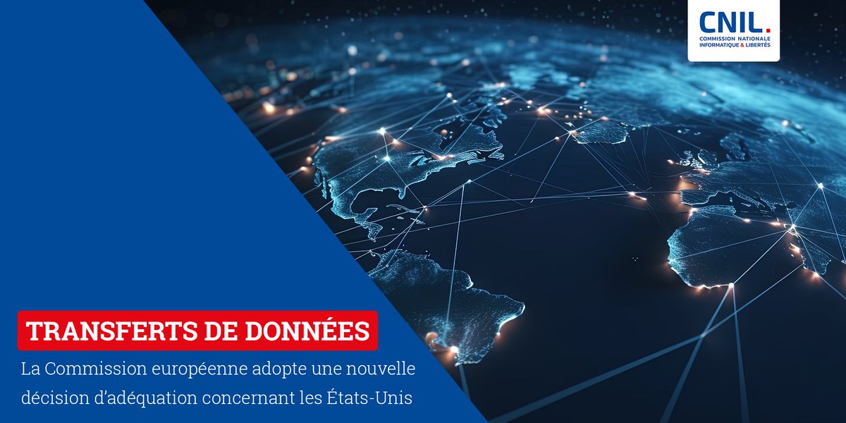 CNIL (@cnil) on Twitter photo La Commission européenne <a href="/EU_Commission/">European Commission</a> adopte une nouvelle décision d'adéquation : les transferts de #données personnelles depuis l'🇪🇺 vers certains organismes 🇺🇸 peuvent désormais s’effectuer librement, sans encadrement spécifique 👉cnil.fr/fr/transferts-… La Commission européenne <a href="/EU_Commission/">European Commission</a> adopte une nouvelle décision d'adéquation : les transferts de #données personnelles depuis l'🇪🇺 vers certains organismes 🇺🇸 peuvent désormais s’effectuer librement, sans encadrement spécifique 👉cnil.fr/fr/transferts-…
