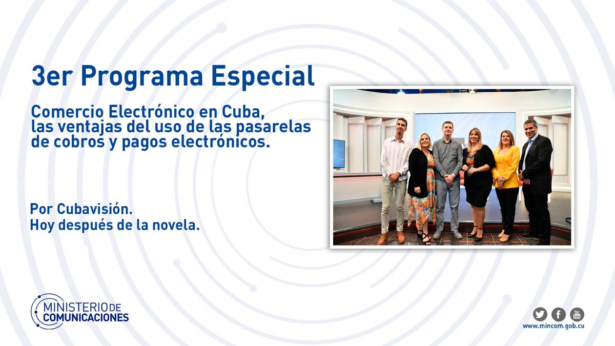 Los invitamos a ver hoy la tercera parte del Programa Especial sobre Comercio Electrónico en #Cuba, las ventajas del uso de las pasarelas de cobros y pagos electrónicos. Asistirán directivos y especialistas de <a href="/cimex_cuba/">Corporación CIMEX S.A</a>, <a href="/CadenaCaribe/">🛍 Cadena de Tiendas CARIBE</a> <a href="/CorreosdeCuba/">Correos de Cuba</a> <a href="/EPCLaHabana/">Empresa Provincial de Comercio La Habana</a>, por @cvdetodos