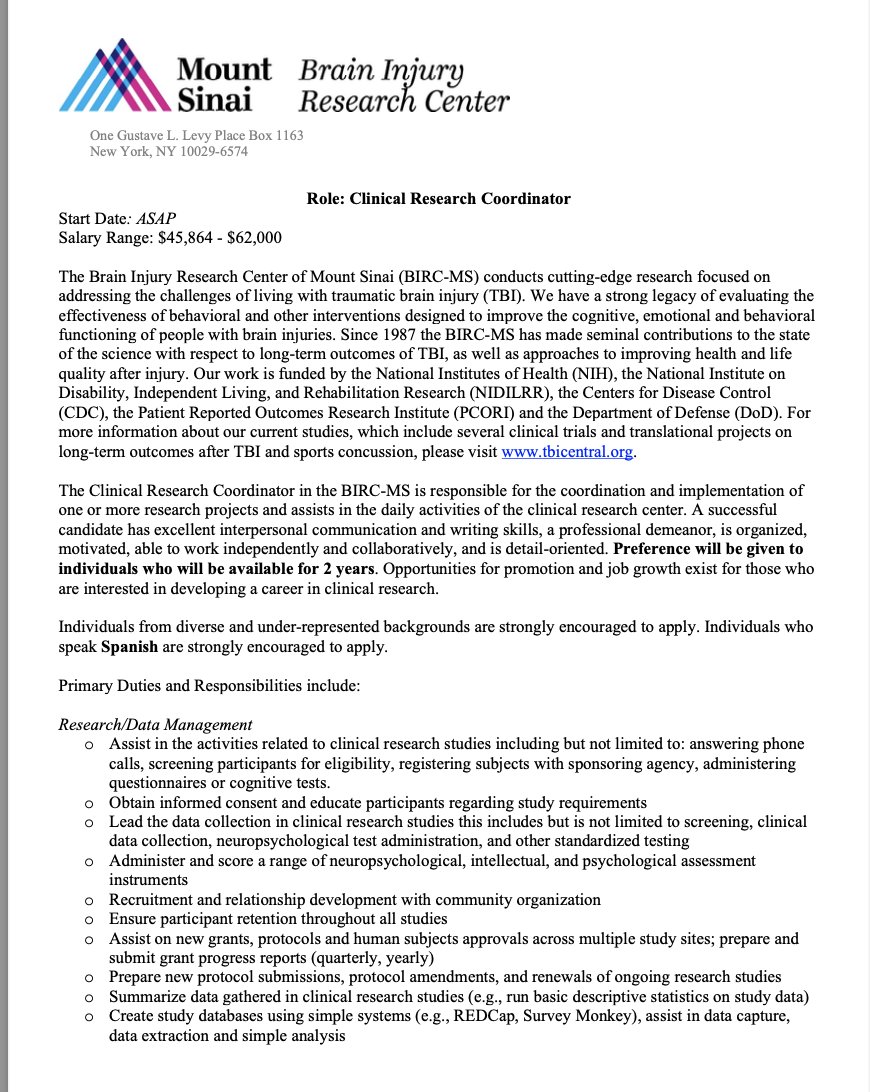 sarahbannonPhD's tweet photo. 🚨🙏 RT/ circulate - We're hiring @SinaiTBI ! Two Clinical Research Coordinator positions open ASAP.  Responsibilities include assistance on studies of patient-caregiver dyadic intervention for ADRD and TBI identification using healthcare databases. @raj_kumarphd https://t.co/mtRLq3C9tK