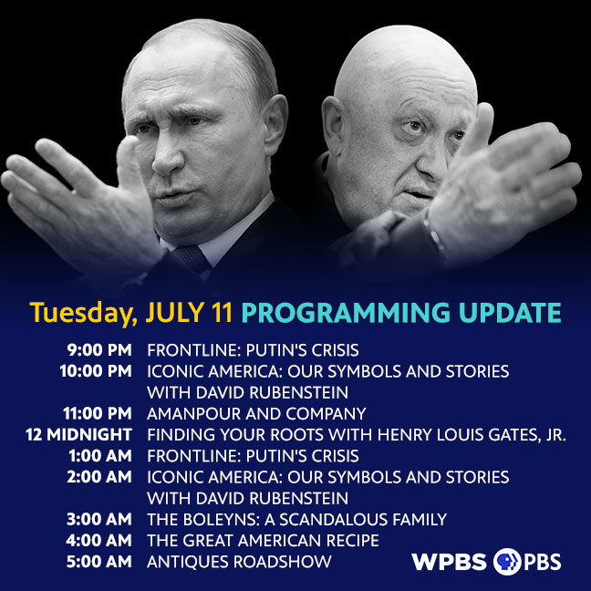 WPBSTV's tweet image. Due to the recent breaking news out of Russia and the ongoing crisis over Vladimir Putin’s hold on power and the war in Ukraine, #FrontlinePBS is making a schedule change on JULY 11. Tune in to WPBS-TV at 9 PM for FRONTLINE "Putin’s Crisis" watch.wpbstv.org/video/putins-c…