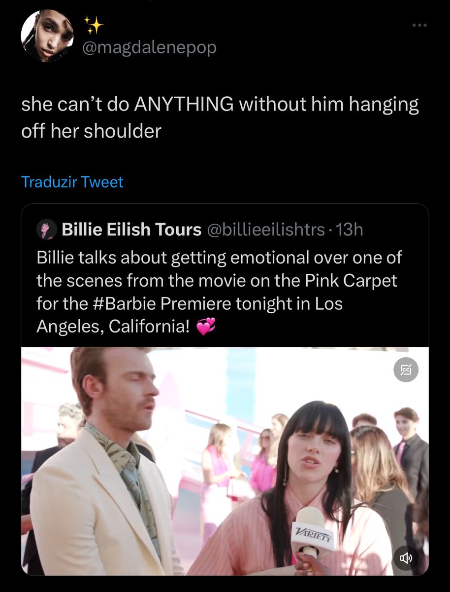 poptime's tweet photo. 🚨 Billie Eilish está sendo criticada após levar seu irmão FINNEAS para a première de #Barbie

“Ela não consegue fazer NADA sem que ele esteja agarrado no seu braço.” https://t.co/5xpTE6reED