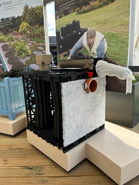 Conversations on dispersing rainwater at ACO Stand #RHSHamptonCourt: RHS Resilient Garden uses ACO GravelGuard to stabilize permeable gravel; StormBrixx demonstrates soakaway plus rain garden attachment to channel drain - both disperse rainwater on site when conditions allow.