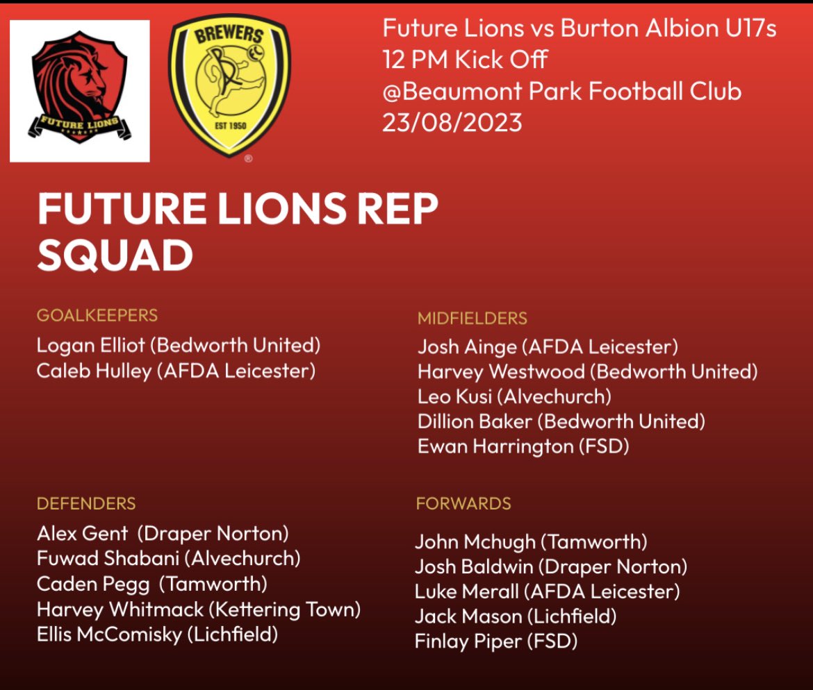 Big Announcement 🚨 

This is the Squad selected to take on @officialburtonalbion U17s in our Latest Future Lions Rep Game 💪 

Congratulations to all of the lads selected, Roll on August 🦁 

🦁⚽️🏆 #FutureLions