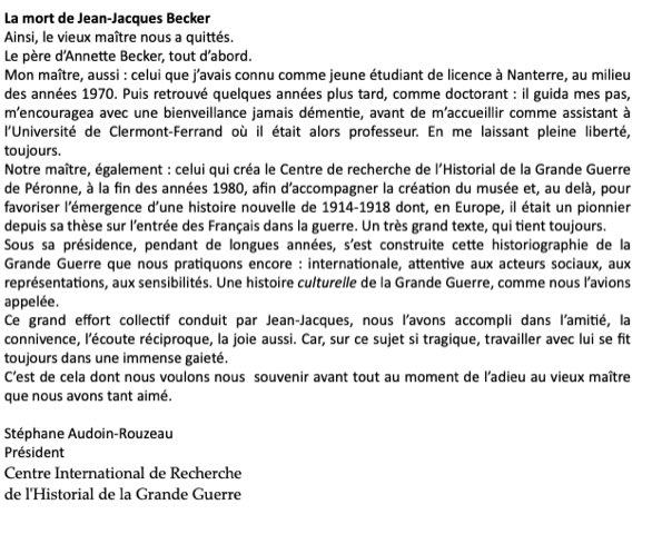 cr_historial's tweet photo. Le @cr_historial est aujourd’hui en deuil de celui qui le présida de si longues et fructueuses années. Voici le message sur cette disparition Stéphane Audoin-Rouzeau, notre président. Nous nous associons à la peine d’Annette et de sa famille. #JJB #1GM #ww1. https://t.co/GL4fr0zRXp