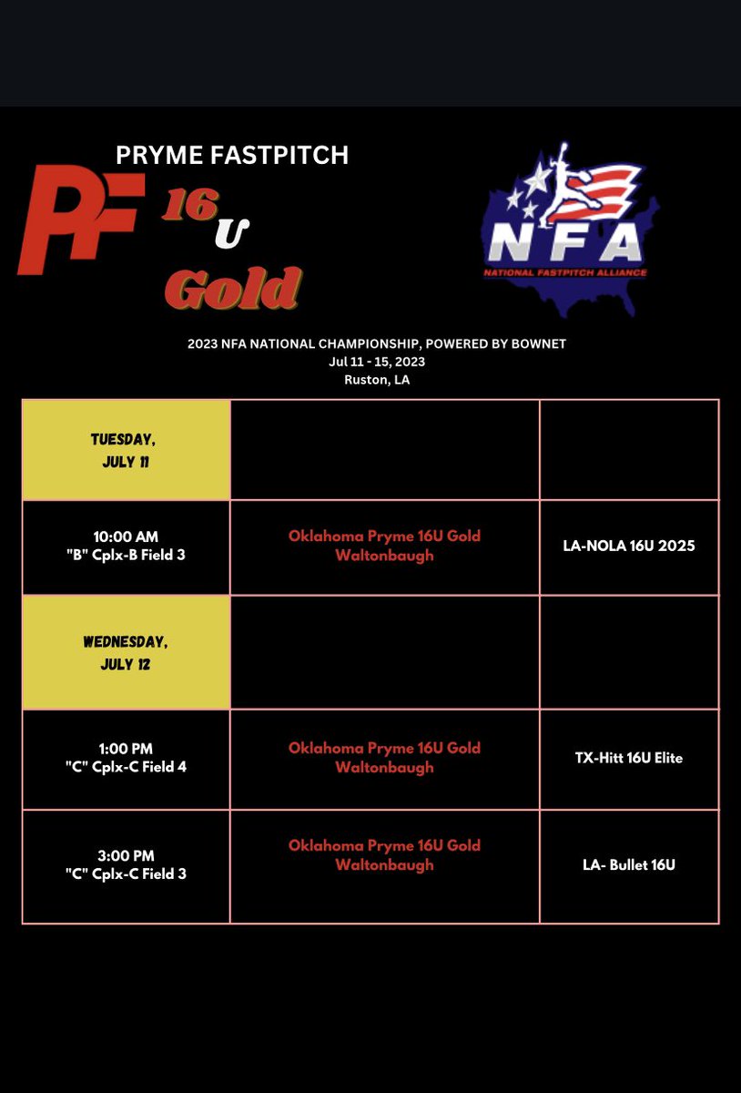 So excited for this week!! @Pryme16uGold <a href="/CoachAnthony31/">Anthony Whisenhunt</a> <a href="/CoachKendraW/">Kendra Whisenhunt</a> <a href="/CarsonDuBose/">Carson DuBose</a> <a href="/CoachBradF/">Brad Fuller</a>