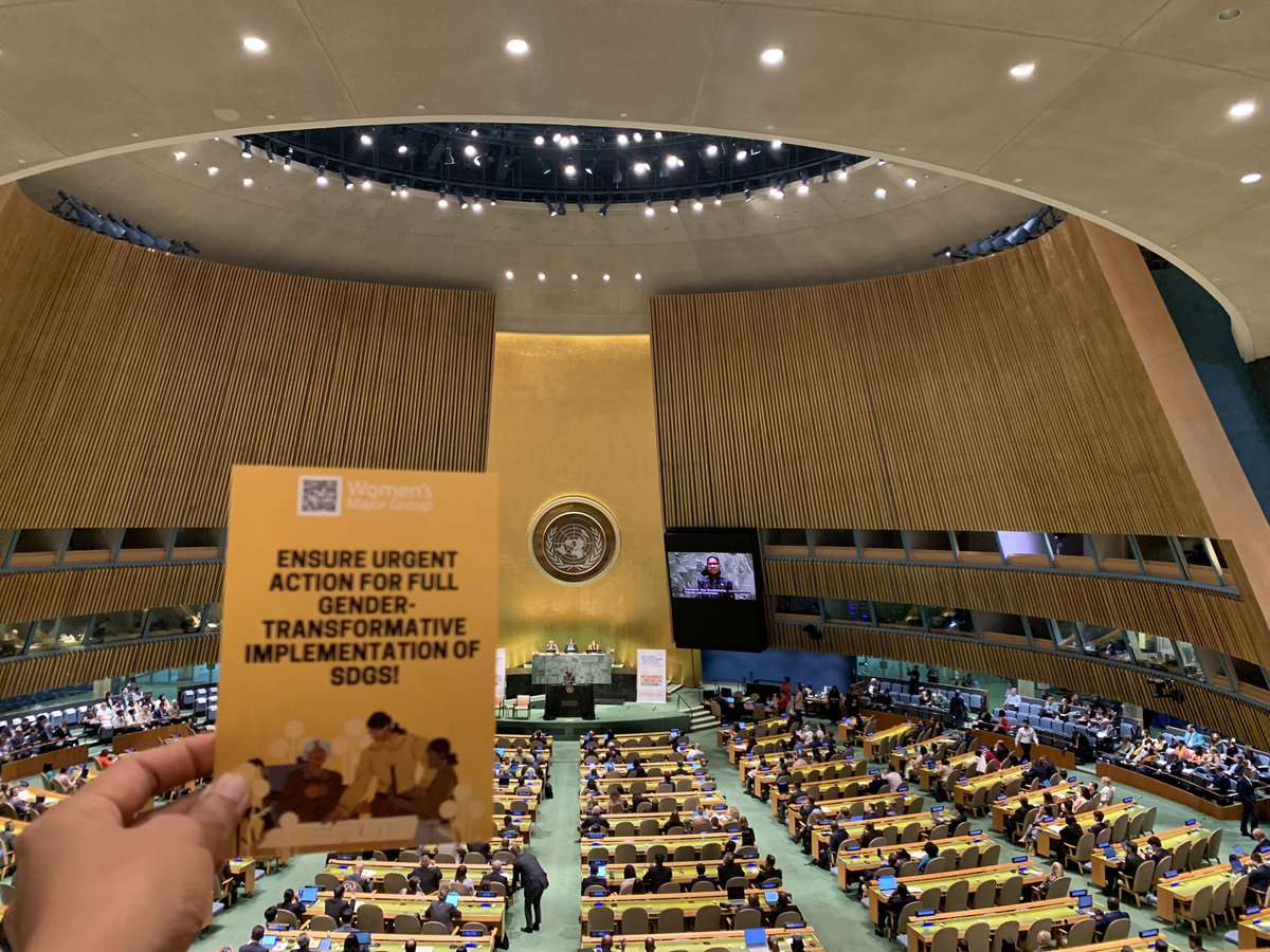 Women_Rio20's tweet photo. As #HLPF2023 opens, feminists are all geared in yellow online &amp; at the @unitednations, calling on governments to ensure urgent action for the full gender-transformative implementation of #SDGs!

 As we reach halfway through #2030Agenda, #HLPF2023 is a pivotal political moment… https://t.co/maMgA0sL88