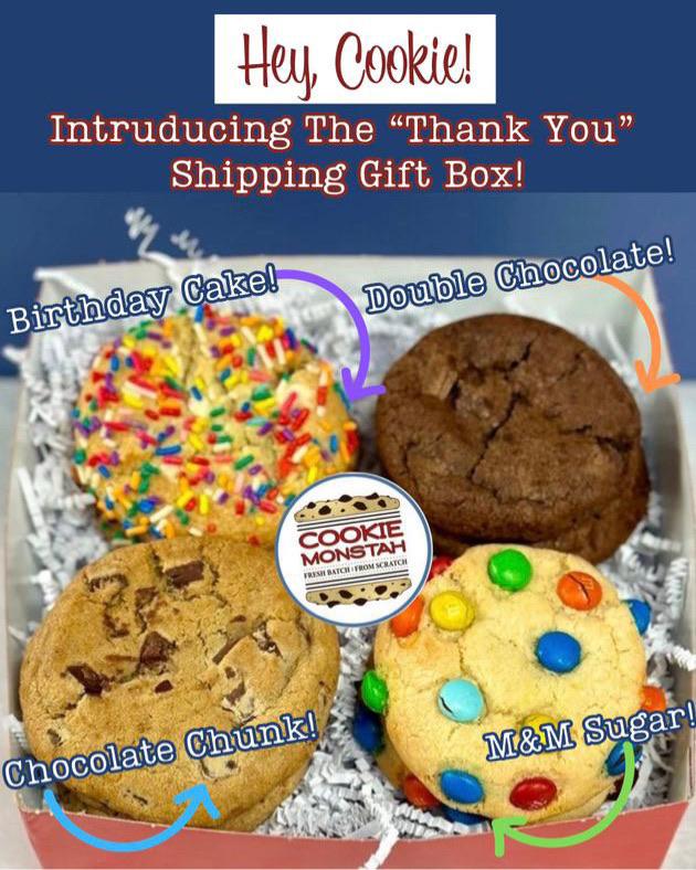 Whether you're looking to surprise a friend on their special day, send a thoughtful gift to family or simply treat yourself to a well-deserved indulgence, our nationwide shipping service will make it happen! With just a few clicks Cookies are on the way!

thecookiemonstah.com