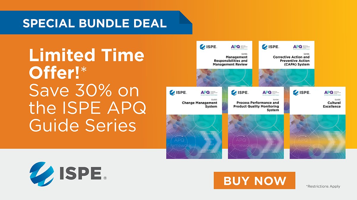 SPECIAL BUNDLE DEAL—LIMITED-TIME OFFER ENDS 31 July! Save 30% when you purchase the complete APQ Guide Series!

Buy Now: bit.ly/3XJ9i5Z

#ISPE #ISPEGDocs #pharmaceuticalmanufacturing #PharmaQuality