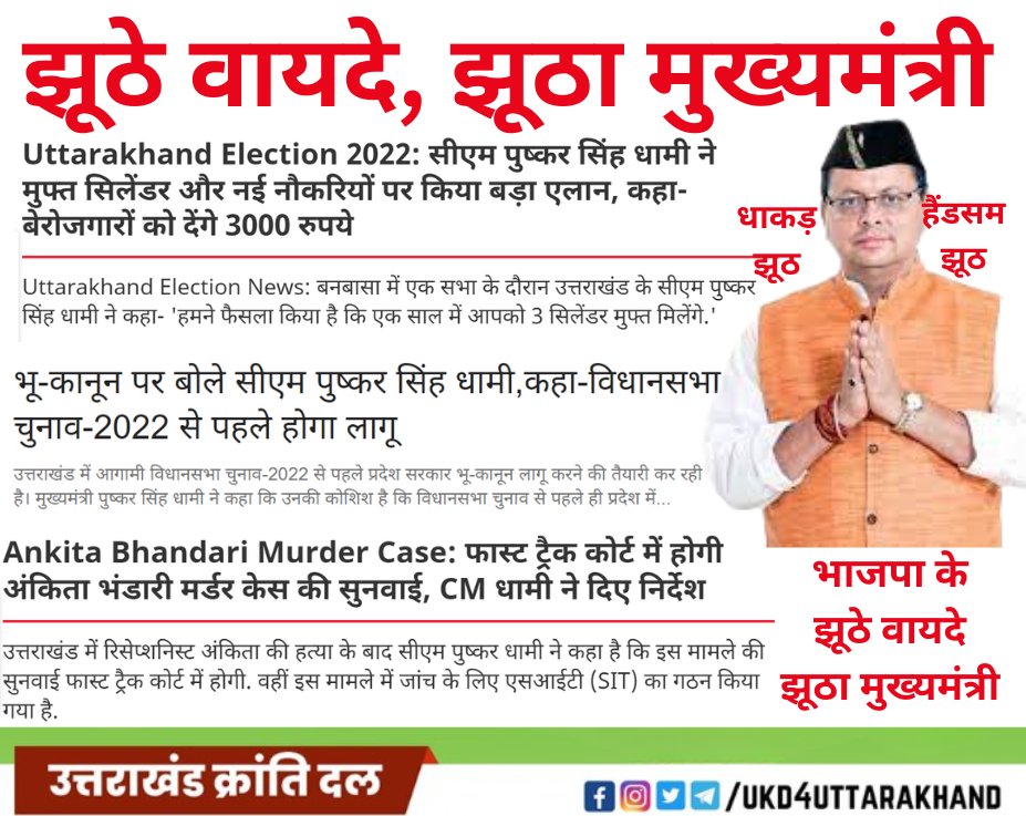 भाजपा @BJP4UK के हैंडसम मुख्यमंत्री @pushkardhami उत्तराखंड की जनता से बस झूठे वायदे करते हैं, रोज़गार पर झूठा वायदा, अंकिता हत्याकांड पर फ़ास्ट कोर्ट ट्रैक का झूठ, भू-कानून पर झूठ l उत्तराखंड की जनता बोल रही है कि ऐसा झूठा मुख्यमंत्री अब तक नही देखा l #LiarCMDhami #झूठा_धामी