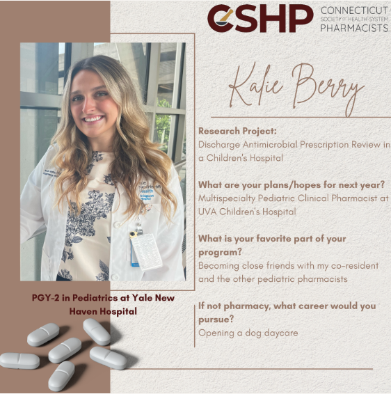 Today we are proud to spotlight resident Kalie Berry! Kalie is a current PGY-2 in Pediatrics at Yale New Haven Hospital and hopes to be a Multispecialty Pediatric Clinical Pharmacist at UVA Children's Hospital next year. Read more about Kalie in the graphic. #CSHP #CTPharmacy #C