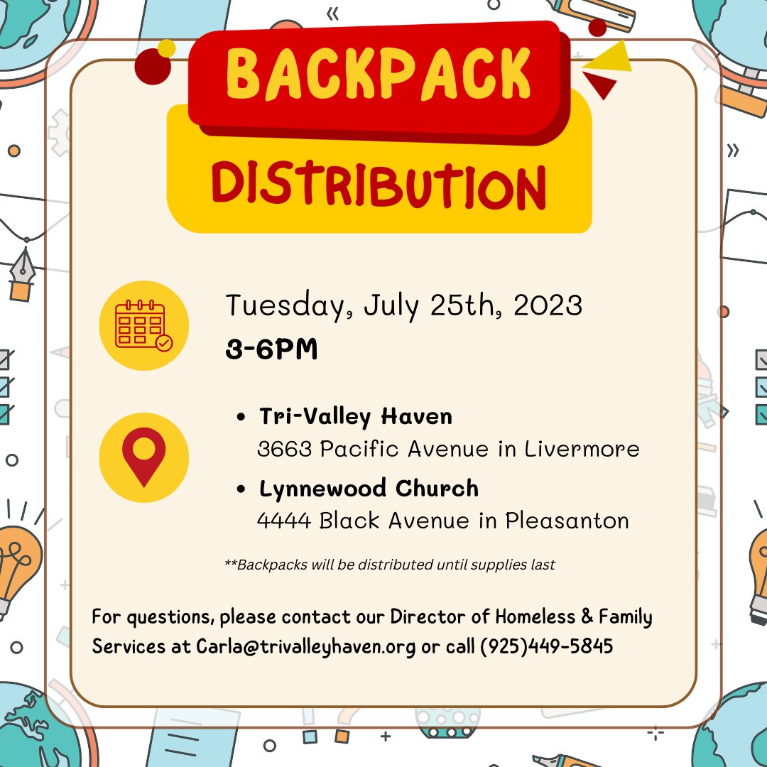 TriValleyHaven's tweet photo. We are distributing backpacks with school supplies to families in need Tuesday, July 25th, from 3 PM-6 PM (while supplies last)! Visit us at Lynnewood in Pleasanton or at our Community Building in Livermore to get your backpack and supplies! #BackToSchool https://t.co/4CXcEIRV3w