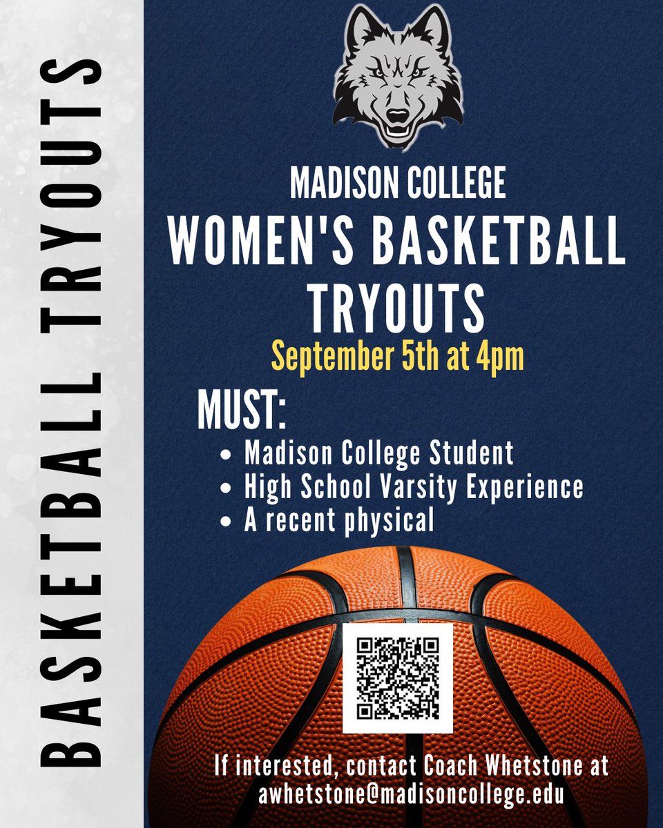 Looking to join the Women’s Basketball team? Tryouts are September 5th! Email awhetstone@madisoncollege.edu with questions! 🐺