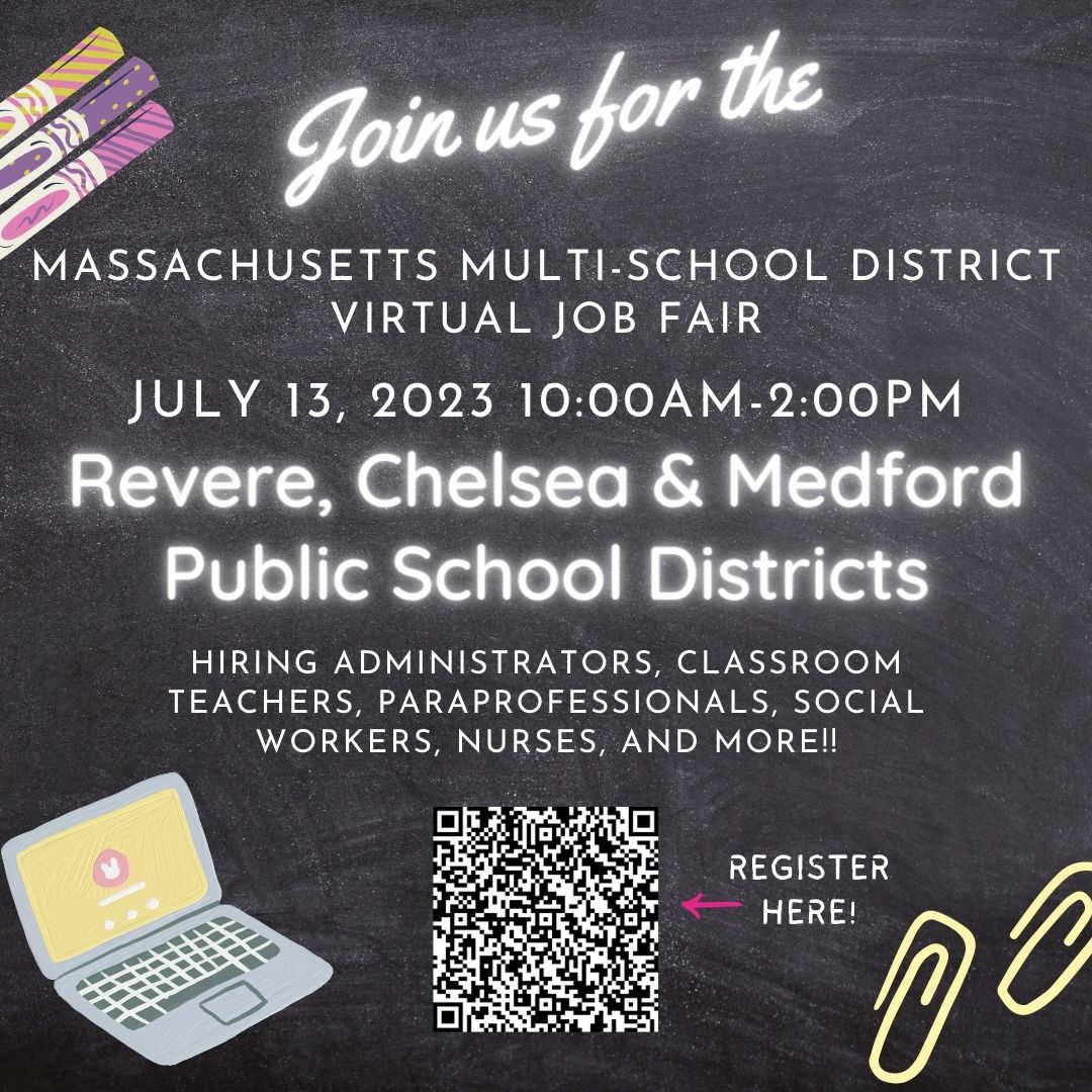 RevereAsstSuper's tweet photo. Revere Public Schools is hiring! Please join us in exploring open opportunities during our virtual multi-district job fair on 7/13 from 10AM-2PM.  Details are listed in the flyer below! @RPS_Super @RPS_AsstSuper @lourenco962 https://t.co/jXF5vxaIY6