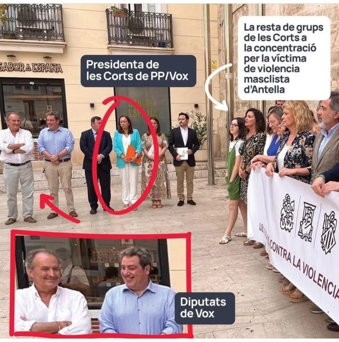 Asesinan a una mujer en presencia de su hijo y los diputados de Vox se parten de risa mientras la Presidenta de Les Corts les acompaña fuera de la pancarta en el minuto de silencio. 

Tener en las instituciones a negacionistas de la violencia machista nos pone en peligro a todas.