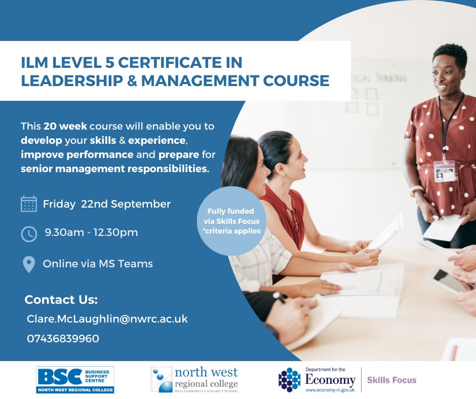 nwrc_bsc's tweet photo. Are you a manager looking to develop your leadership skills to get better results from your team? 

We're delivering a 20-week ILM L5 Certificate in Leadership &amp; Management course in Sept

To find out if you're eligible for funding, please contact Clare McLaughlin at 07436839960 https://t.co/wQGxqzRg89