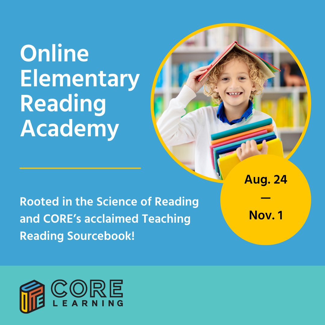 COREInc's tweet photo. #Administrators, could your #educators use support in teaching all students, including #MLLs and those with word reading difficulties, to be strong readers? Have them join CORE’s Online #Elementary #Reading Academy! Learn more and register: https://t.co/hauiPTVVsk #ReadingPD https://t.co/6vkDyBZH75