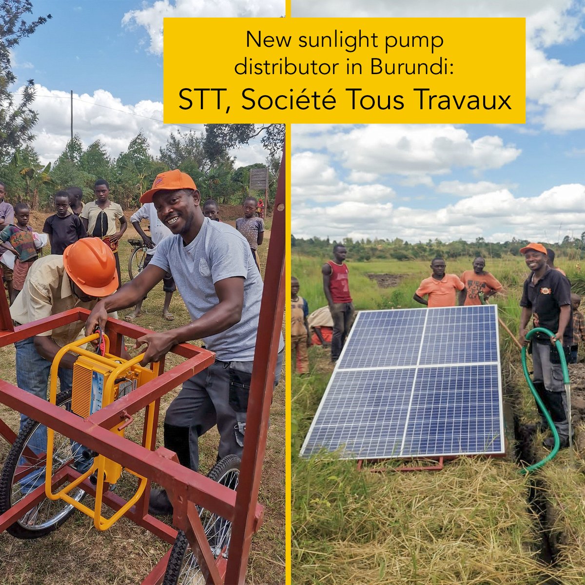 sunlightpump's tweet photo. Désiré is an engineer that works for STT, ¨Société Tous Travaux¨👷🏾♂️. Like farmers in Burundi, he is delighted with our #sunlightpump solar pump.
They have built a trolley so our solar pumping system can be easily moved across fields for irrigation, and then kept safe🔒. https://t.co/p4mysWDAiU