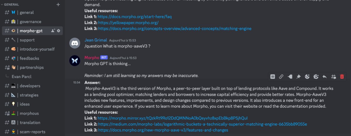 Morpho's tweet photo. GPT is coming to @MorphoLabs's Discord. 🤖

Morpho GPT v.0 offers @discord users an interactive way to dive into the protocol specs while being redirected to specific resources of Morpho’s documentation, White paper and Yellow paper. https://t.co/lMANaDQ48L