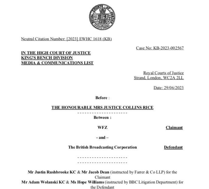 CIoJournalist's tweet photo. Media Law Briefing- Implications of injunction against BBC 29 June 2023 preventing identification of high national and international public profile person, referred to as WFZ - under active criminal investigation for serious criminal sexual offences. See: https://t.co/TjlSf90oMD https://t.co/NRb5Q1fF7R
