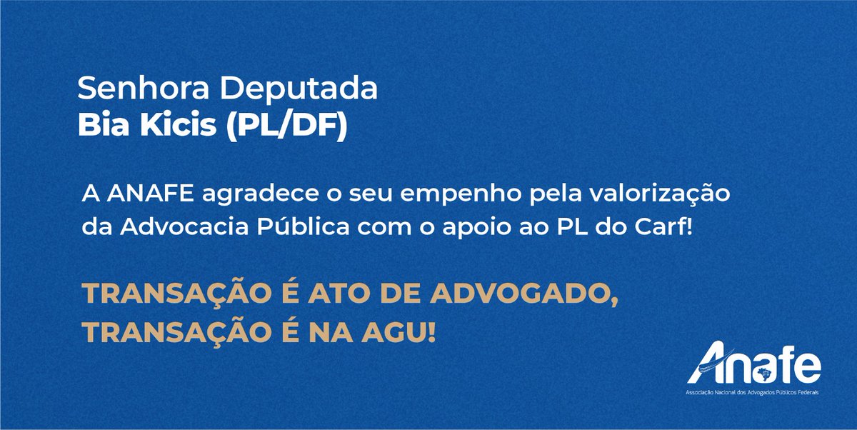 Senhora Deputada <a href="/Biakicis/">Bia Kicis</a>  a AGU agradece o seu apoio!
#transaçãoÉnaAGU