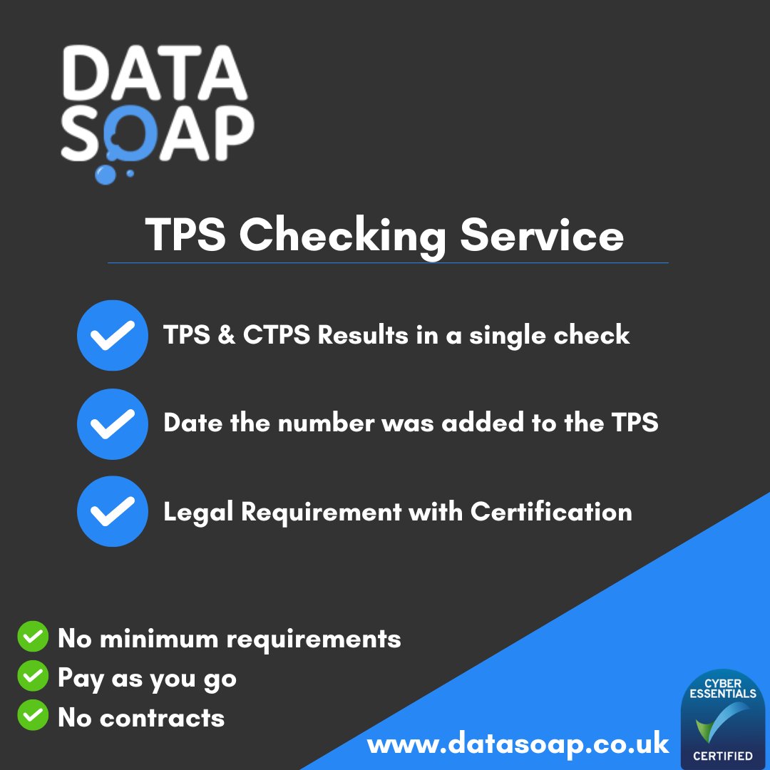 Data_Soap's tweet image. With Data Soap, checking your numbers against the Telephone Preference Service (TPS) has never been simpler. No minimum requirements or complicated contracts. You can pay as you go and enjoy the flexibility that suits your business needs.
Visit datasoap.co.uk today!