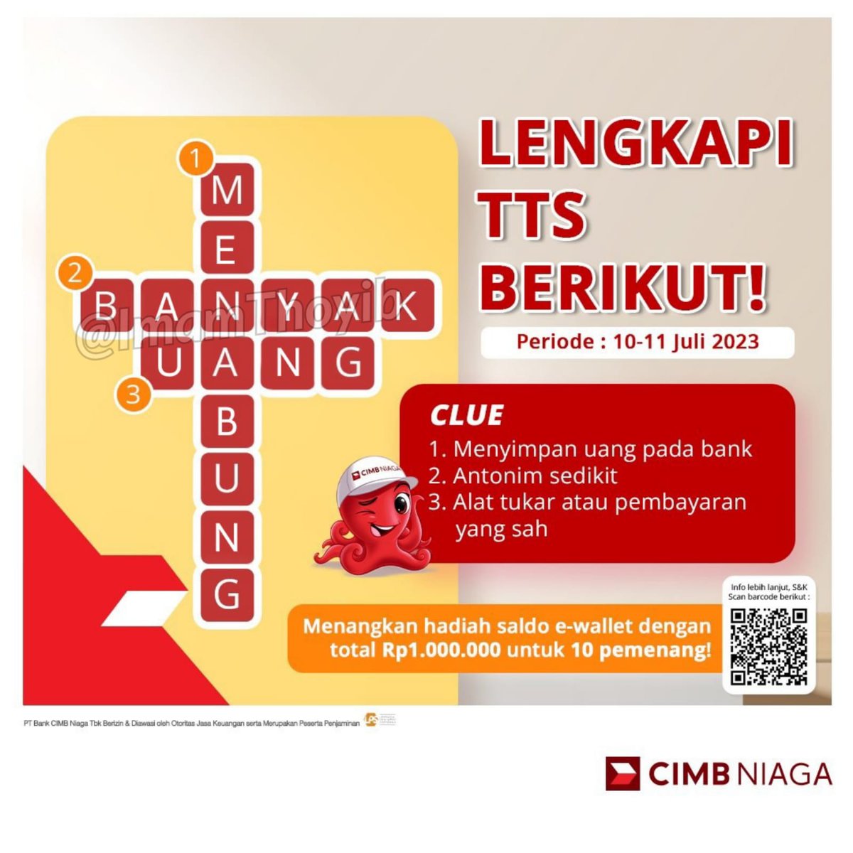 ImamThoyib's tweet photo. @CIMBNiaga Jawaban TTSnya Adalah :
1). MENABUNG 
2). BANYAK 
3). UANG
⁣⁣
Hai Sobatku! 🙋‍♂️⁣⁣⁣⁣⁣⁣⁣⁣
📌 @OL__OLICK
📌 @diyahid_
📌 @yundatia_
⁣⁣
Yuk Ikutan Quiz Ini Juga Dan Jangan Lupa Follow @CIMBNiaga Dulu Ya! 😉 https://t.co/ofzBTkaojc